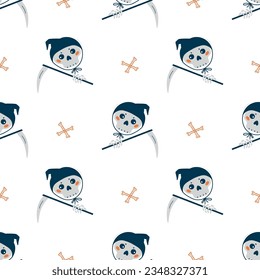 Halloween Seamless Pattern with Scull and Bones. Grim Reaper Character Vector illustration.