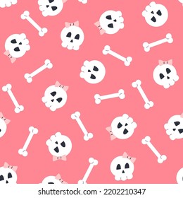 Patrón ininterrumpido de Halloween con escarabajos y huesos sobre fondo rosa