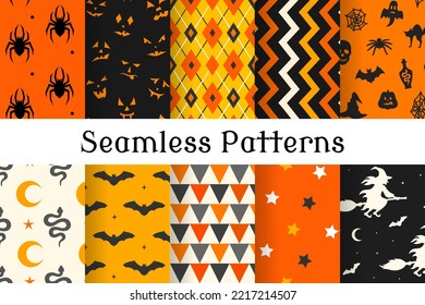 Halloween seamless pattern set. Collection of holiday backgrounds with witch, bat, pumpkin, skull, ghost, spider. October wallpaper.