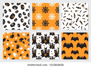 Halloween seamless pattern set. Creative collection of traditional symbols in orange, black and white colors. Childish cartoon wallpaper illustrations.
