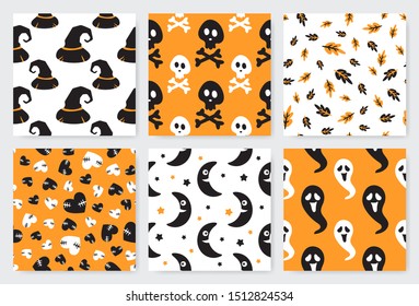 Halloween seamless pattern set. Creative collection of traditional symbols in orange, black and white colors. Childish cartoon wallpaper illustrations.