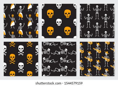 Halloween seamless pattern set. Creative collection of skeleton symbols design. Cartoon wallpaper illustration.