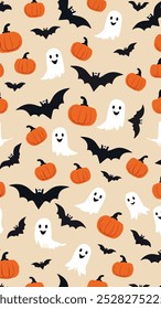 Halloween seamless pattern set, design with ghost, pumpkin and bat. Vector background.