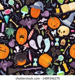 Halloween seamless pattern. Set of flat cartoon style icons on a dark background. Vector illustration