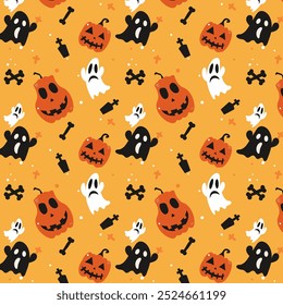 Halloween nahtlose Muster-Set mit Geist, Knochen, Kürbisse, Grabstein, kleine Kreise, Kreuz, Elemente. Halloween-Karte, Banner.Halloween Muster Vektor-Design für Verpackung, Verpackung usw.