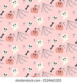 Halloween  seamless pattern set with ghost,scull,  spider web,bones,pumpkins,cross. Halloween card, banner.Halloween pattern vector design.