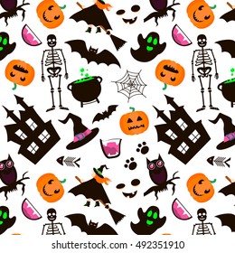 Halloween Seamless Pattern. Set of Halloween Icons: pumpkin, bat, skeleton, cauldron, witch, haunted house, owl, cobweb and ghosts. Vector illustration.