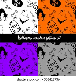 Halloween seamless pattern set with pumpkin, cat, bat, ghost bones