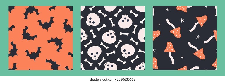 Halloween seamless pattern set with sculls and bones, bats, mushrooms. Cute backgrounds for Halloween party fabric or kids stuff. Cartoon flat style. Vector illustration	