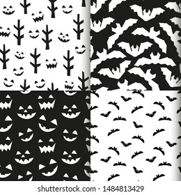 Halloween seamless pattern set. Spooky forest, bat, cute and scary Jack O'Lantern face minimalist black and white patterns. Monochrome scandinavian fabric textile print design.