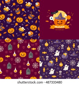 Halloween seamless pattern set. Vector illustration with ghost, candy, pumpkin and other Halloween attributes. For printing, backdrop and textile.