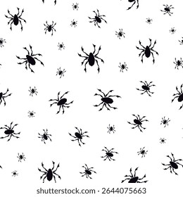 Halloween seamless pattern with silhouette spiders. Vector hand drawn illustration. Tiny black arachnids on white background. October fall holidays backdrop for packaging, print. Creepy crawlies