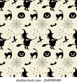 Halloween seamless pattern. Silhouette of a witch on a broomstick, cat, bat, pumpkin