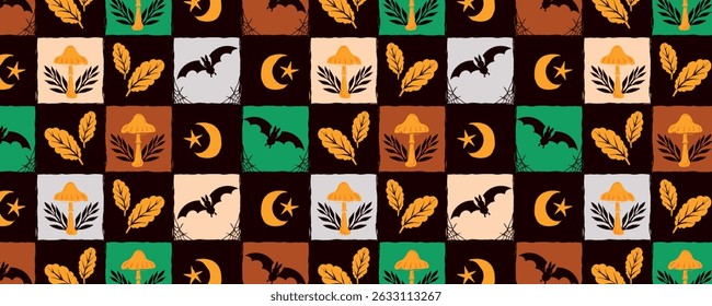 Halloween Seamless Pattern with Silhouettes of Bats, Mushrooms, Leaves, and Crescent Moons in Autumn Colors. Cozy fall design in hand-drawn style perfect for seasonal decor, textiles, stationery, and