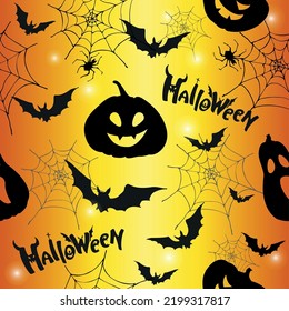 Halloween seamless pattern with silhouettes of pampkins, bats and spiders. Vector design for wrapping paper, fabric. Vector illustration.