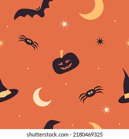 Halloween seamless pattern with silhouettes of pumpkin, bat, spider, witch hat, moon. Halloween holiday celebration endless texture. Vector illustration on orange background
