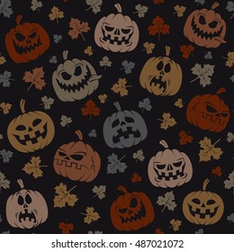 Halloween seamless pattern with silhouettes of pumpkins and leaves.
