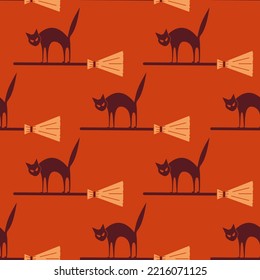 Halloween seamless pattern with simple angry cat on broom stick. Vector endless cartoon pattern with flying character