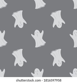 Halloween seamless pattern with simple ghosts silhouettes. Light spooky ornament on grey background. Designed for wallpaper, textile, wrapping paper, fabric print. Vector illustration.