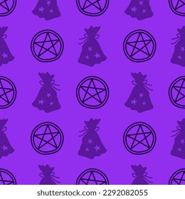 Halloween seamless pattern with simple magical silhouettes. Halloween scary pattern, colorful witch magic print. Autumn wallpaper or party background - for fabric, for textiles, for wrapping paper