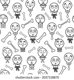 Halloween seamless pattern, simple outline vector. Print with a funny family of skulls, cute faces, bones, white background. Ideal for any your bold design or advertising project.
