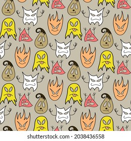 Halloween seamless pattern. Simple vector pattern, funny colored monsters and ghosts on a gray background. Great for decorating fabrics, textiles, gift wrapping, printed matter, interiors, advertising
