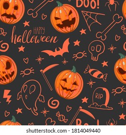 Halloween seamless pattern with sinister jack o lantern on black background, ghosts, sweets, stars and tombstones. Hand drawn vector illustration. Background for Halloween.