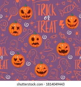 Halloween seamless pattern with a sinister jack o lantern on a light purple background, with orange ghosts, sweets, stars, skulls, bones and tombstones. Hand drawn vector. Background for Halloween.