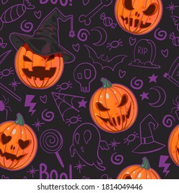 Halloween seamless pattern with a sinister jack o lantern in a black witch's hat on black background, with purple ghosts, sweets, stars, skulls, bones and tombstones. Hand drawn vector illustration. 