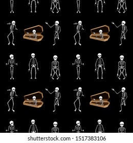 Halloween Seamless pattern with skeletons isolated on dark background