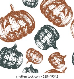 Halloween seamless pattern with sketch pumpkins hand drawn in vector