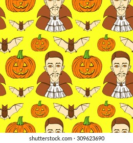 Halloween seamless pattern sketch in vintage style, vector vampire, pumpkin and bat