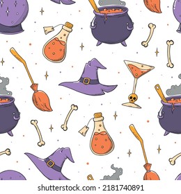 Halloween seamless pattern with sketched doodles for wrapping paper, packaging, wallpaper, stationary, kids textile prints, backgrounds, etc. EPS 10