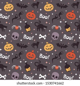 Halloween seamless pattern with skull, bat, spider, web, ghost, bones, pumpkin and black cat.