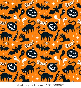 Halloween seamless pattern with skull, bat, spider, web, ghost, bones, pumpkin and black cat.