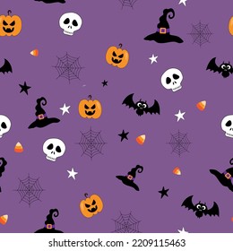 Halloween seamless pattern skull bat pumpkin vector image
