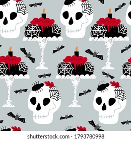 Halloween seamless pattern with skull and cake. Vector holiday illustration for Day of the dead or Halloween. Vector hand drawn illustration.