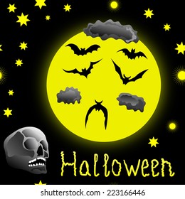 Halloween seamless pattern with skull, full moon and bats