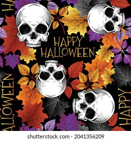 Halloween seamless pattern with skull on black background, Autumn pattern with fall leaves foliage, maple, Happy Halloween text, wrapping paper, pattern fills, fall greetings, greeting cards