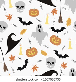 Halloween seamless pattern.  Skull, pumpkin, hat, candle, bat, broom on a white background.  For print, cover, gift wrapping.