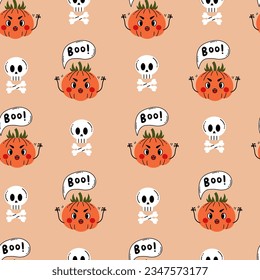 Halloween Seamless Pattern with skull and pumpkin. Cute childish Halloween background with creepy Pumpkin character and crossbones on beige. Repeat vector illustration