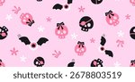 Halloween seamless pattern with skull, ribbpn bow, evil eye, bat and cute flower on pink background vector.