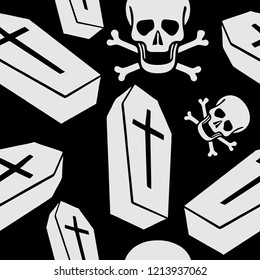 Halloween Seamless Pattern Skull Skeleton Coffin Black and White