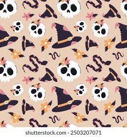 halloween seamless pattern with skull, snake, flowers and witch hat