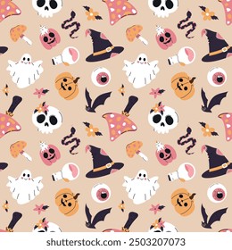 halloween seamless pattern with skull, snake, pumpkin, mushroom, potion, bat, ghost, eye and witch hat