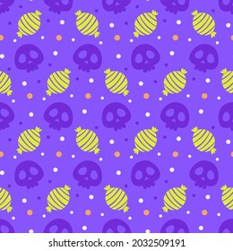halloween seamless pattern with skull and sweets on purple background, candy vector illustration