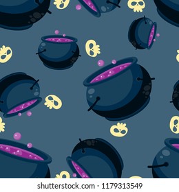 Halloween seamless pattern with skull and witch's cauldron.