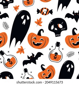 Halloween seamless pattern with skull,pumpkins,ghosts,bats and sweets.Vector autumn october background.Funny and scary halloween background.Halloween texture and fabric.Pumpkins,skull,ghosts,candy,bat