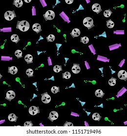 Halloween seamless pattern with skulls and alchemy bottles. Nice and beautiful vector graphic illustration
