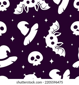 halloween patrón sin fisuras con cráneos, murciélagos y sombreros, simple ilustración vectorial en estilo plano